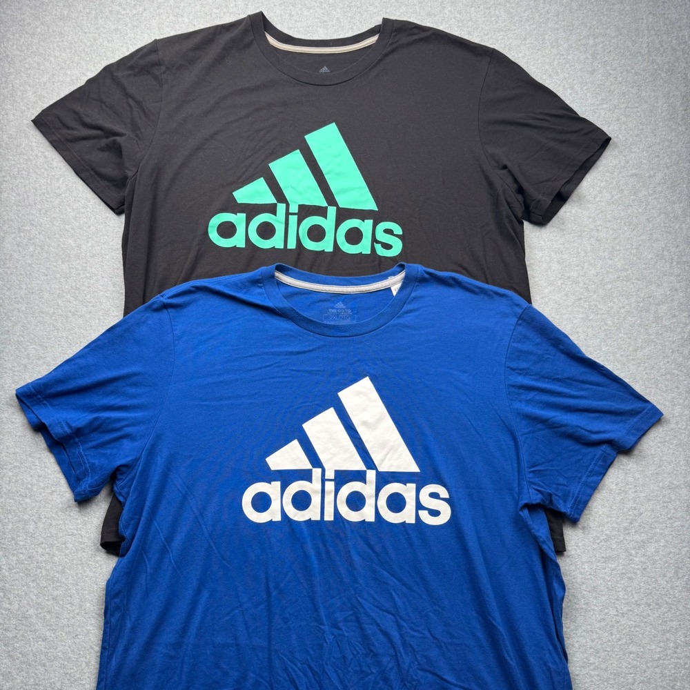 Lot of 2 Adidas Mens The Go-To Performance Tees 2XL Blue Black Graphic Logo